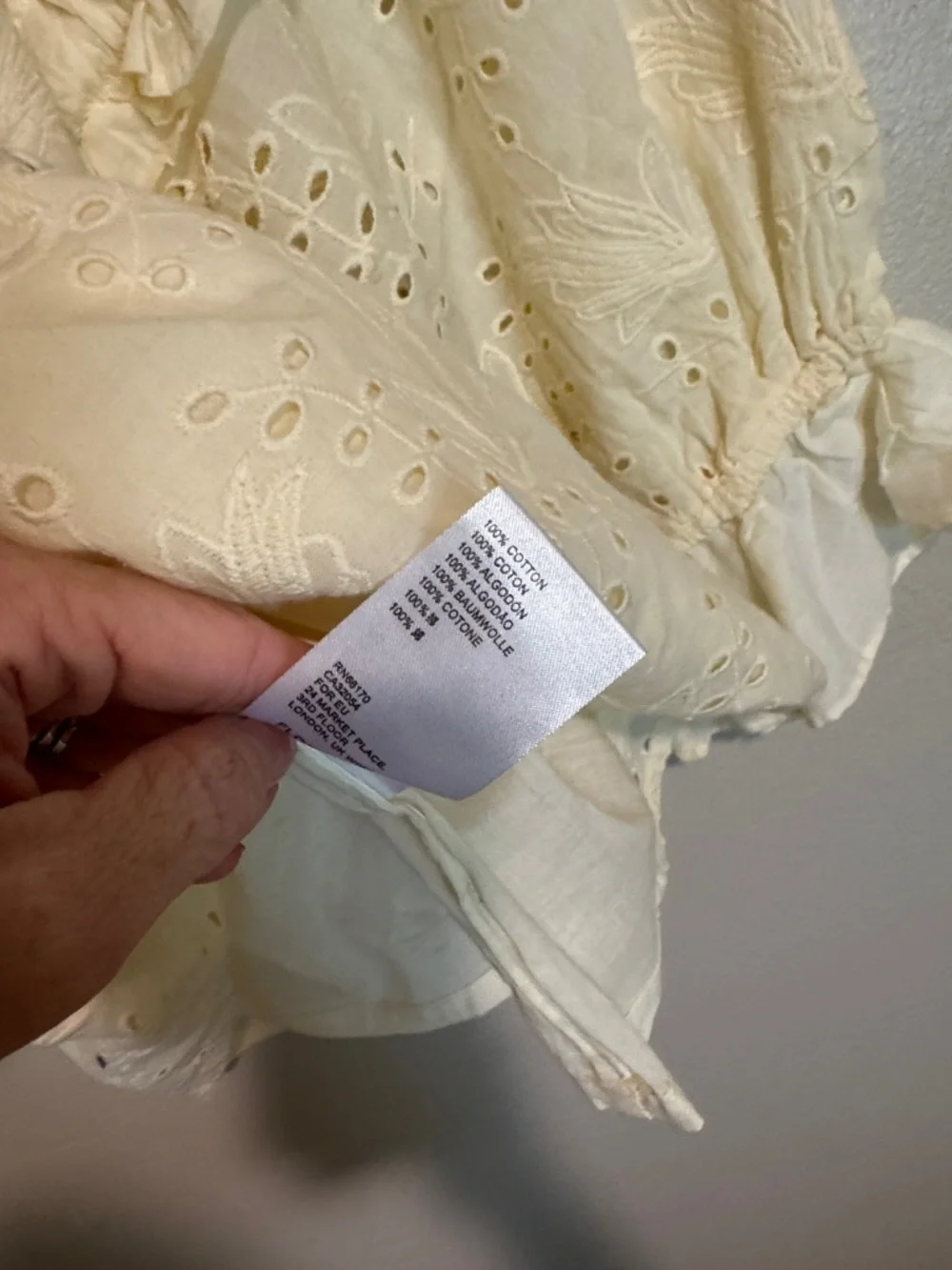 Anthropologie Cream Eyelet Off-Shoulder Peasant Blouse with Tassel